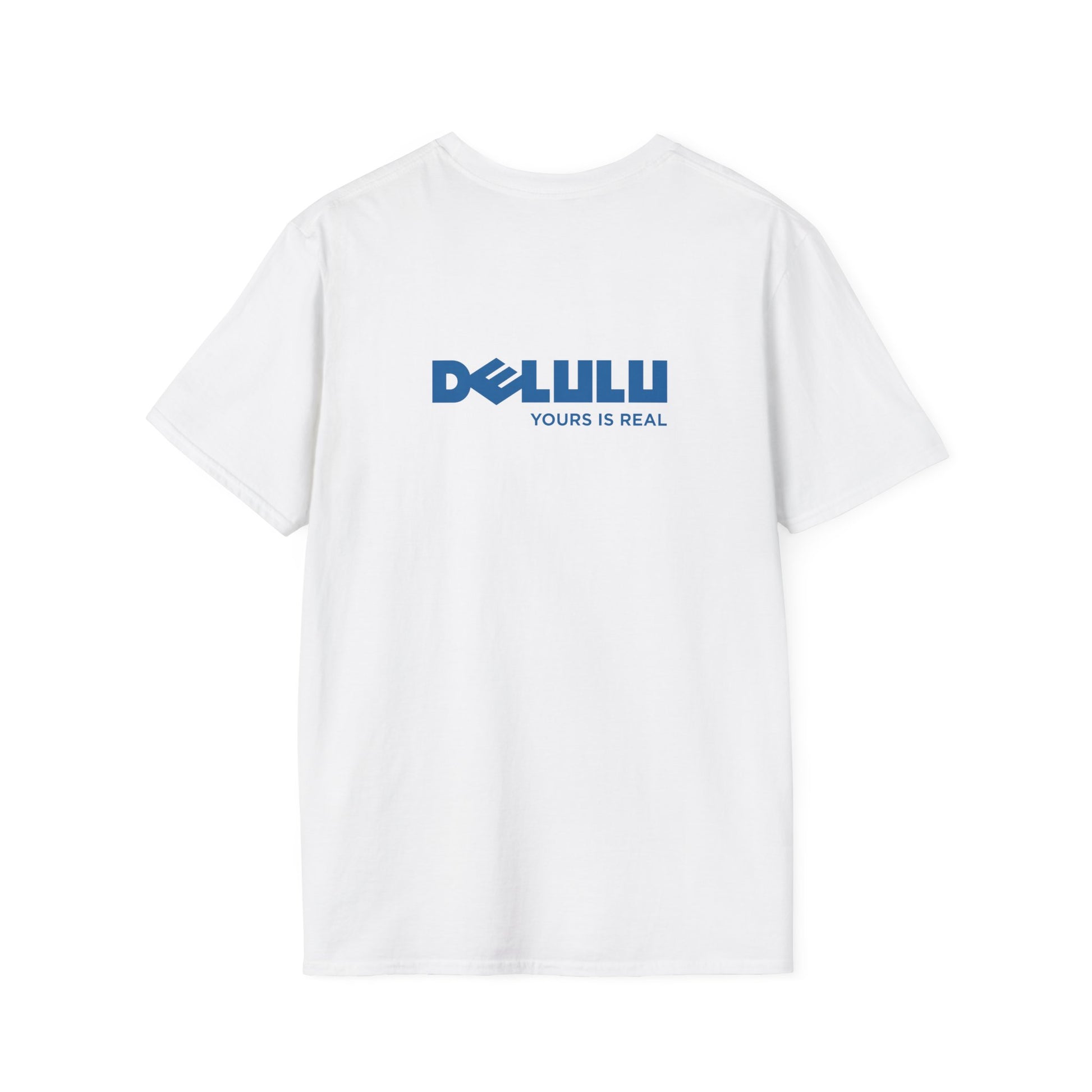 Delulu parody back print t-shirt design with Dell logo transformed into the word ‘Delulu’, nerdy tech humor shirt, laptop and computer fan gift
