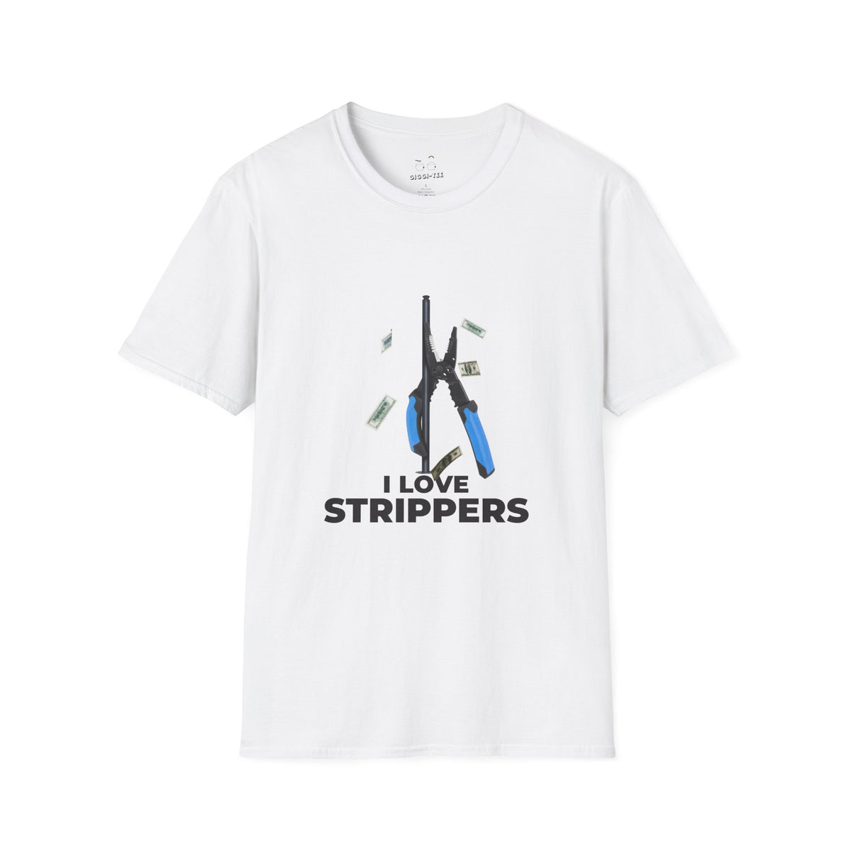 I Love Strippers T-shirt featuring a wire stripper dancing on a pole with flying dollar bills, funny electrician humor graphic.