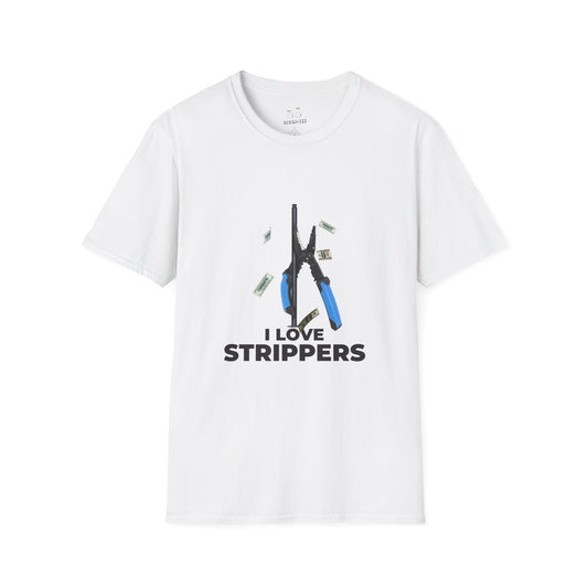 I Love Strippers T-shirt featuring a wire stripper dancing on a pole with flying dollar bills, funny electrician humor graphic.