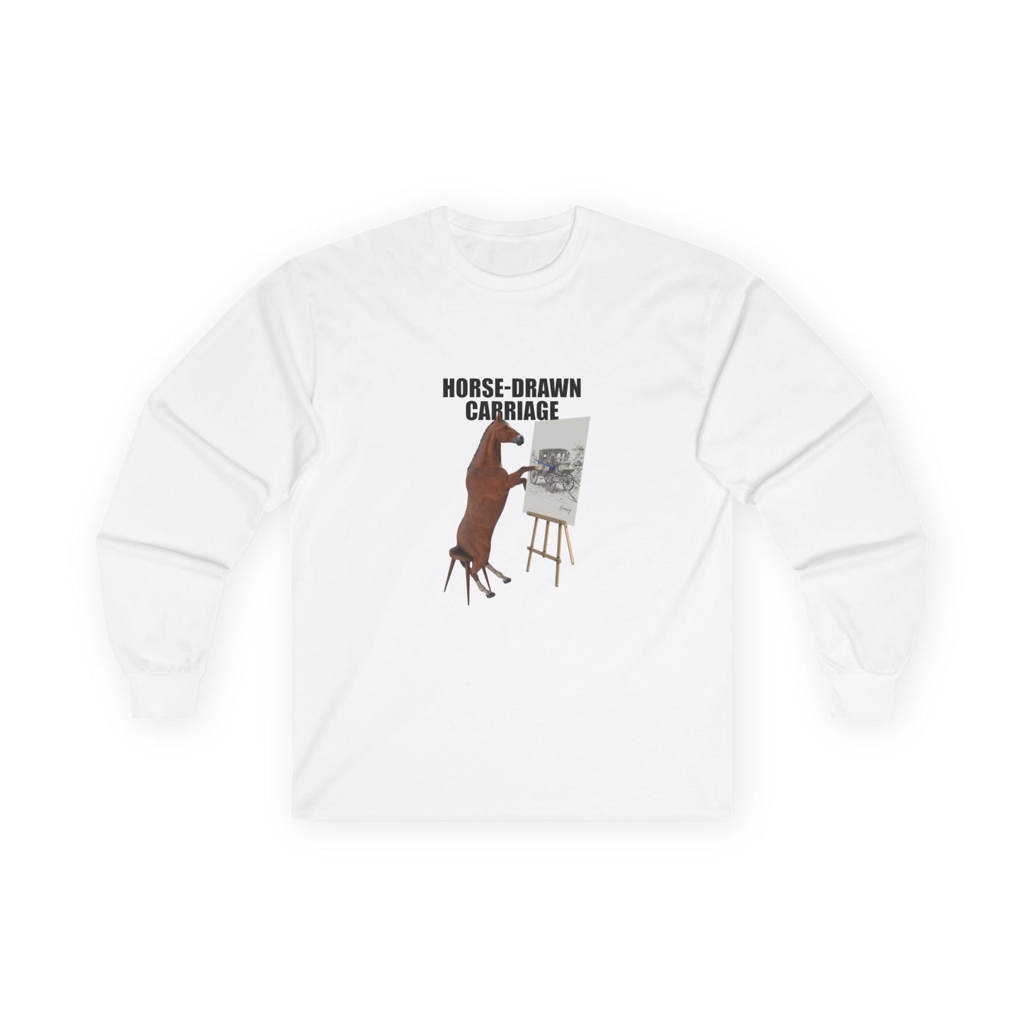 Horse sitting on a stool with a pencil, drawing a carriage on a canvas. Funny visual pun shirt on the phrase 'horse-drawn carriage'.