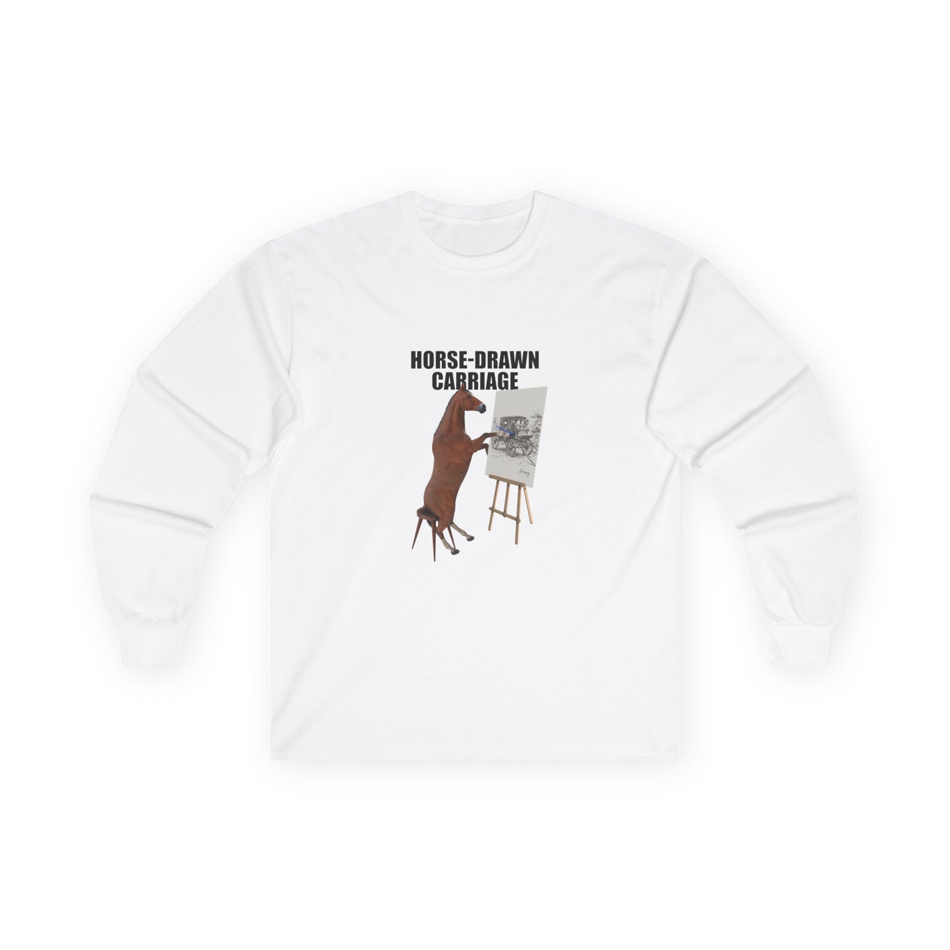 Horse sitting on a stool with a pencil, drawing a carriage on a canvas. Funny visual pun shirt on the phrase 'horse-drawn carriage'.
