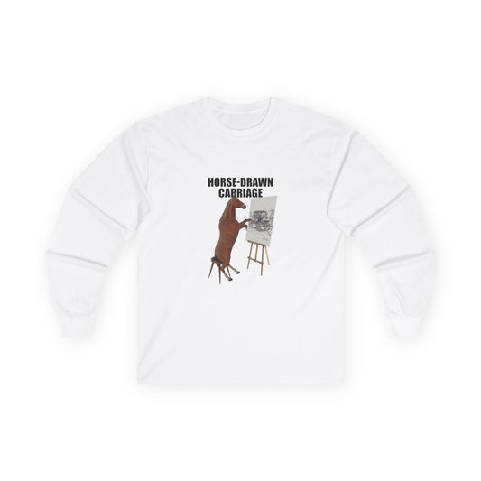Horse sitting on a stool with a pencil, drawing a carriage on a canvas. Funny visual pun shirt on the phrase 'horse-drawn carriage'.