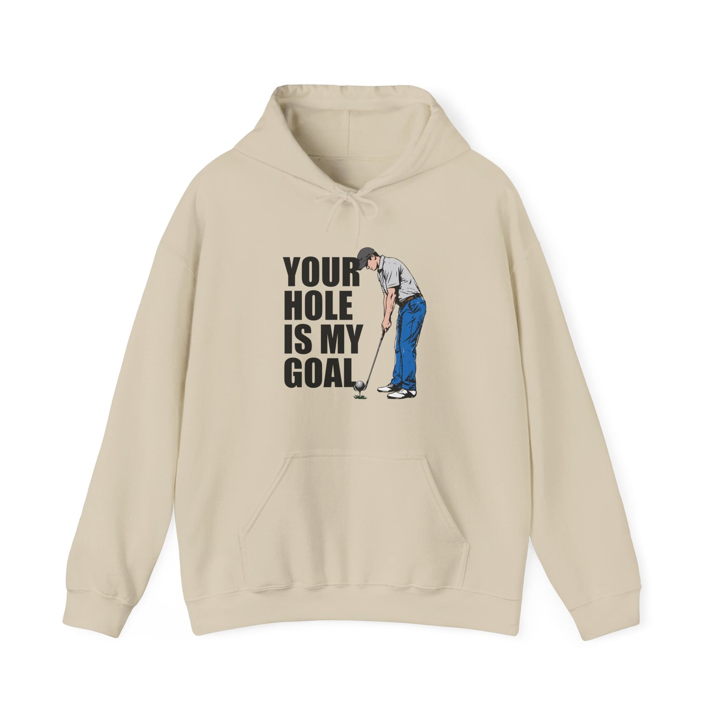 Funny golf design featuring a golfer with a golf club and ball on the pin, with the text “Your Hole Is My Goal.”
