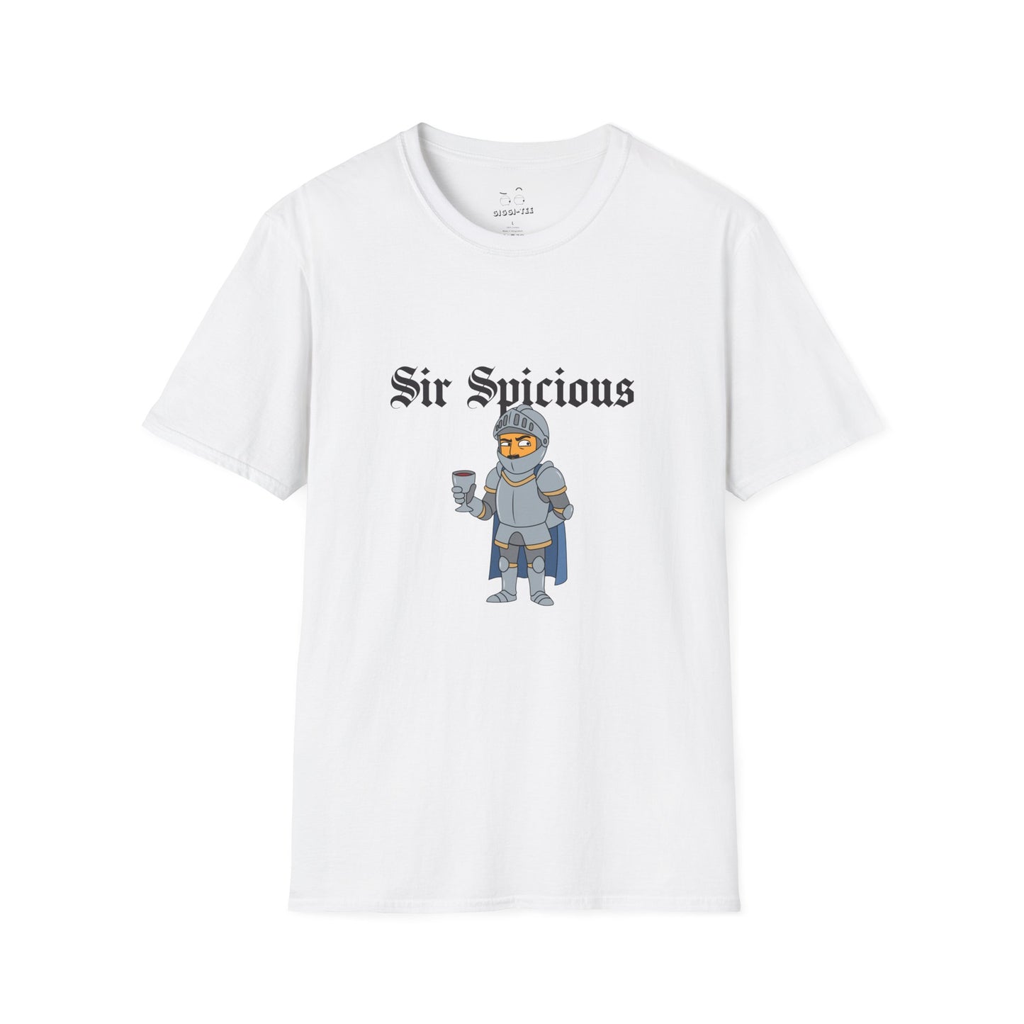 Sir Spicious suspicious funny medieval pun knight graphic on a white t-shirt