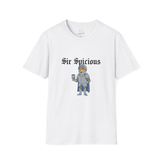Sir Spicious suspicious funny medieval pun knight graphic on a white t-shirt