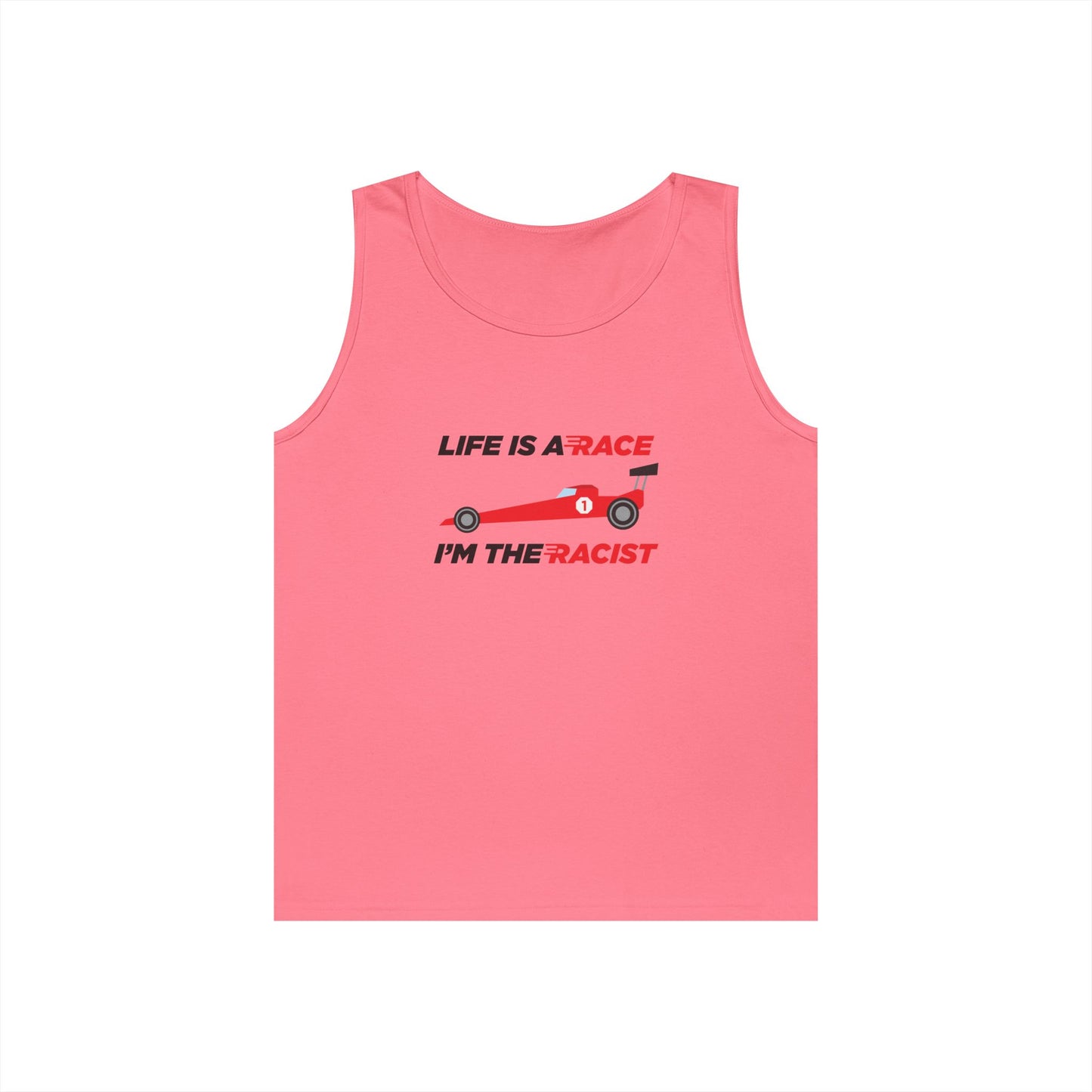 race car life is a race be a racist parody tank top design