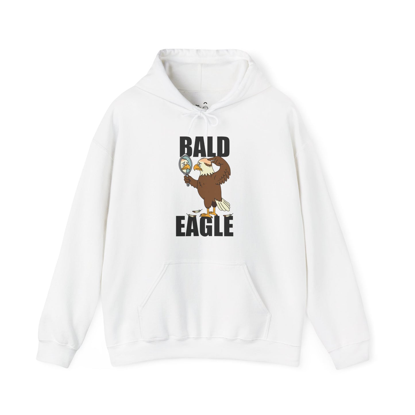 Bald Eagle hoodie design showing a sad eagle with a bald spot holding a mirror and looking upset.
