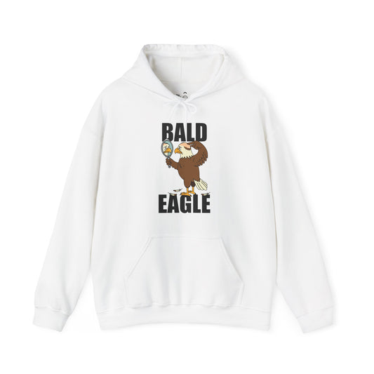 Bald Eagle hoodie design showing a sad eagle with a bald spot holding a mirror and looking upset.