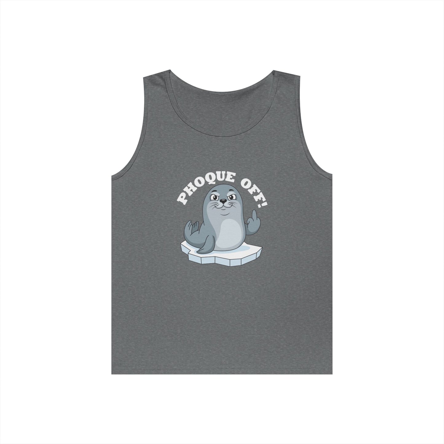 A seal giving the middle finger with the words "Phoque Off" on a funny pun tank top design featuring French wordplay.