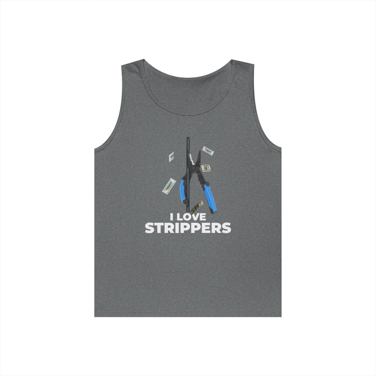I Love Strippers tank top featuring a wire stripper dancing on a pole with flying dollar bills, funny electrician pun graphic.