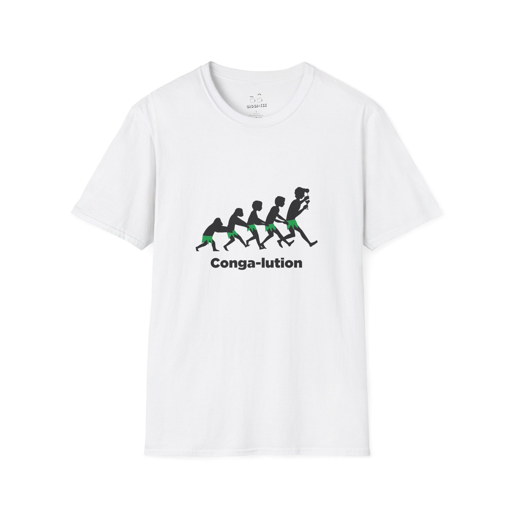 T-shirt showing the "Evolution of Man" silhouettes, but the characters are wearing banana leaves and dancing in a conga line.