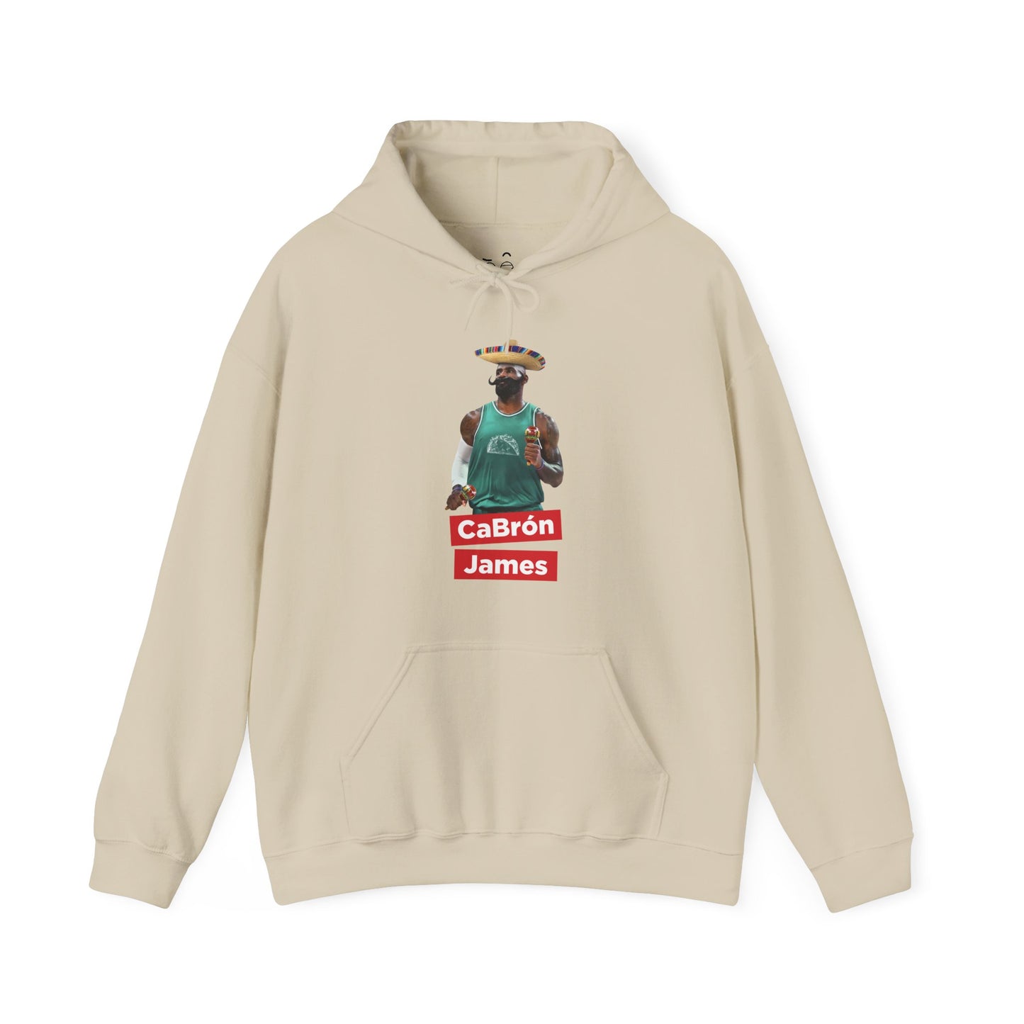CaBron James parody design featuring LeBron James with a sombrero, giant mustache, maracas, and taco-themed basketball jersey printed on a hoodie.
