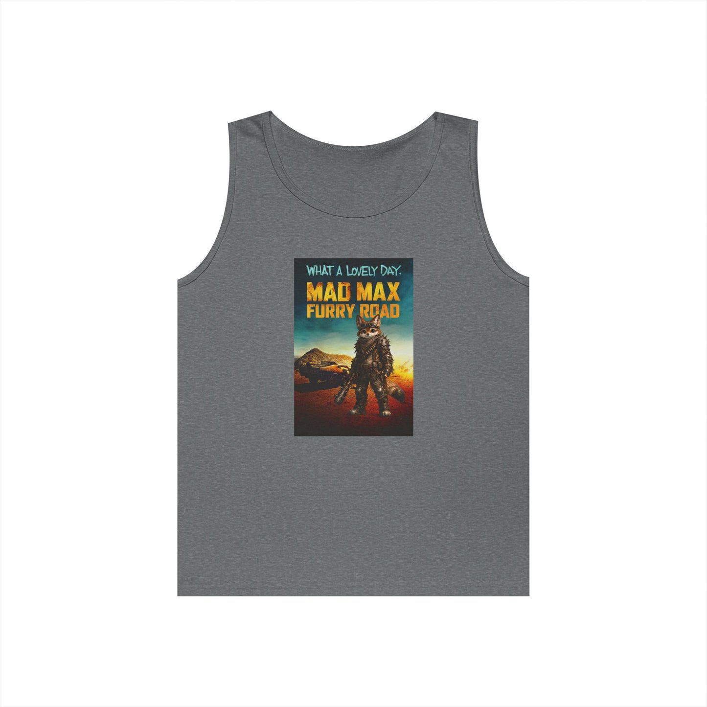 Mad Max Furry Road tank top design featuring a furry character in a funny post-apocalyptic parody poster.