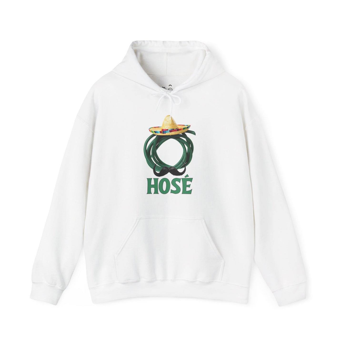 Hosé hoodie design featuring a green garden hose with sombrero and mustache