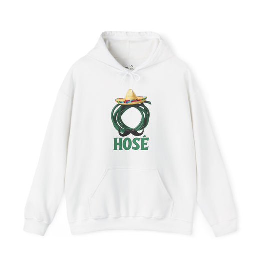 Hosé hoodie design featuring a green garden hose with sombrero and mustache