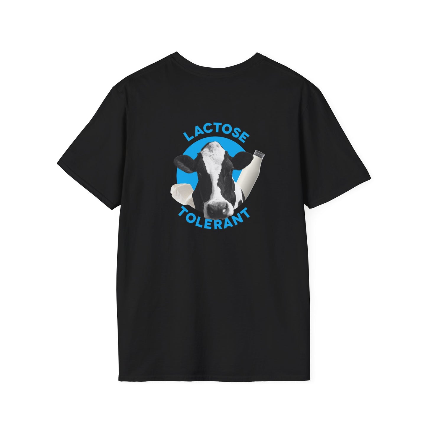 Lactose Tolerant t-shirt featuring cow illustration with milk bottle and cheese, funny dairy lover shirt for men and women.