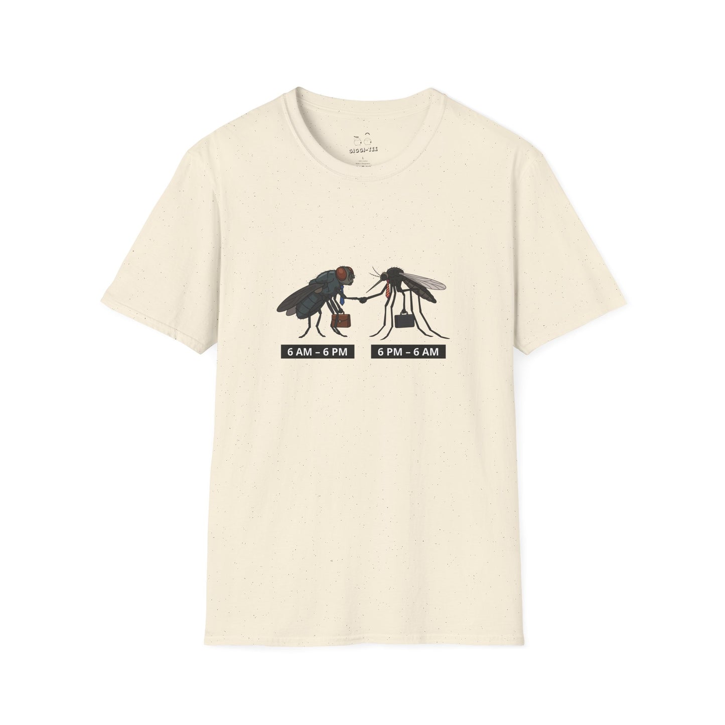 Illustration of a fly and a mosquito wearing business suits, carrying briefcases, and shaking hands during a shift change, with the fly labeled "6 AM - 6 PM" and the mosquito labeled "6 PM - 6 AM."