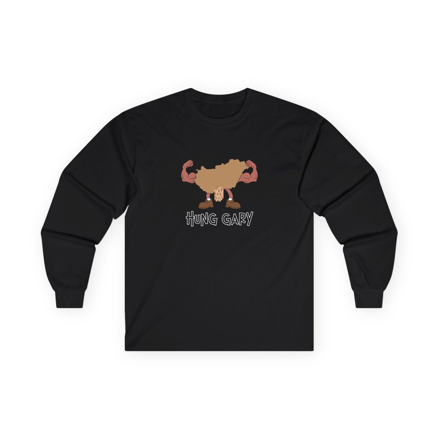 Hung Gary pun long sleeve shirt: Hungary map illustration flexing muscles with an adult-themed pixelated graphic. Funny geography.