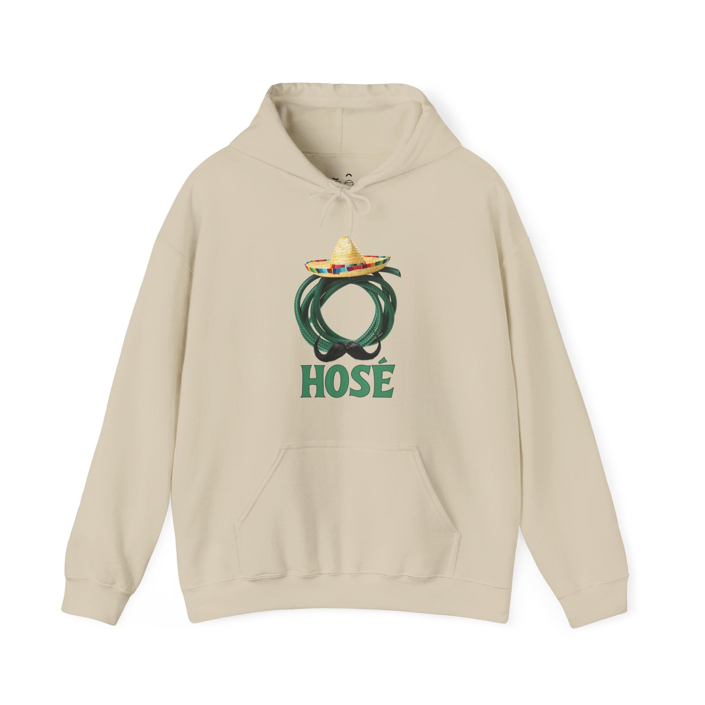 Hosé hoodie design featuring a green garden hose with sombrero and mustache