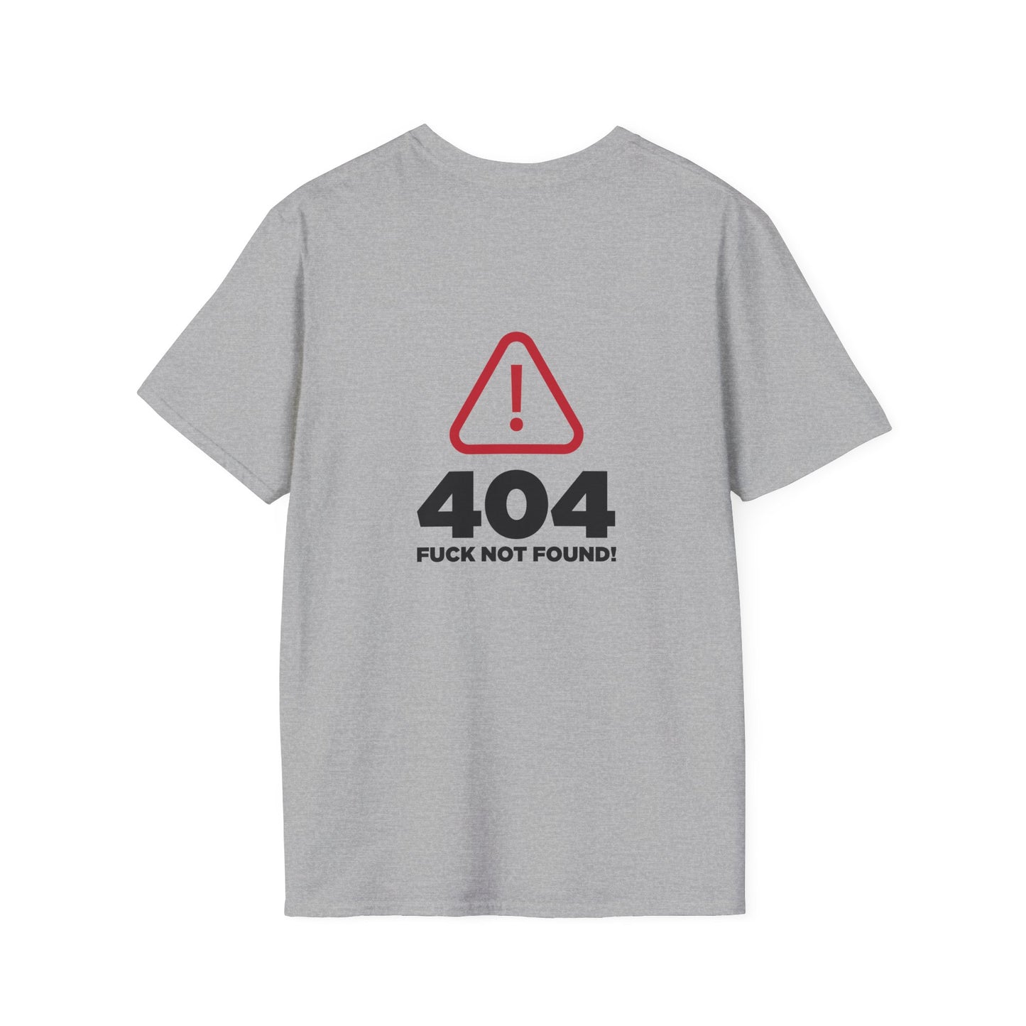 back print t-shirt with a digital "404 Error" window graphic stating "Error: No Fucks Found" in a computer system font.