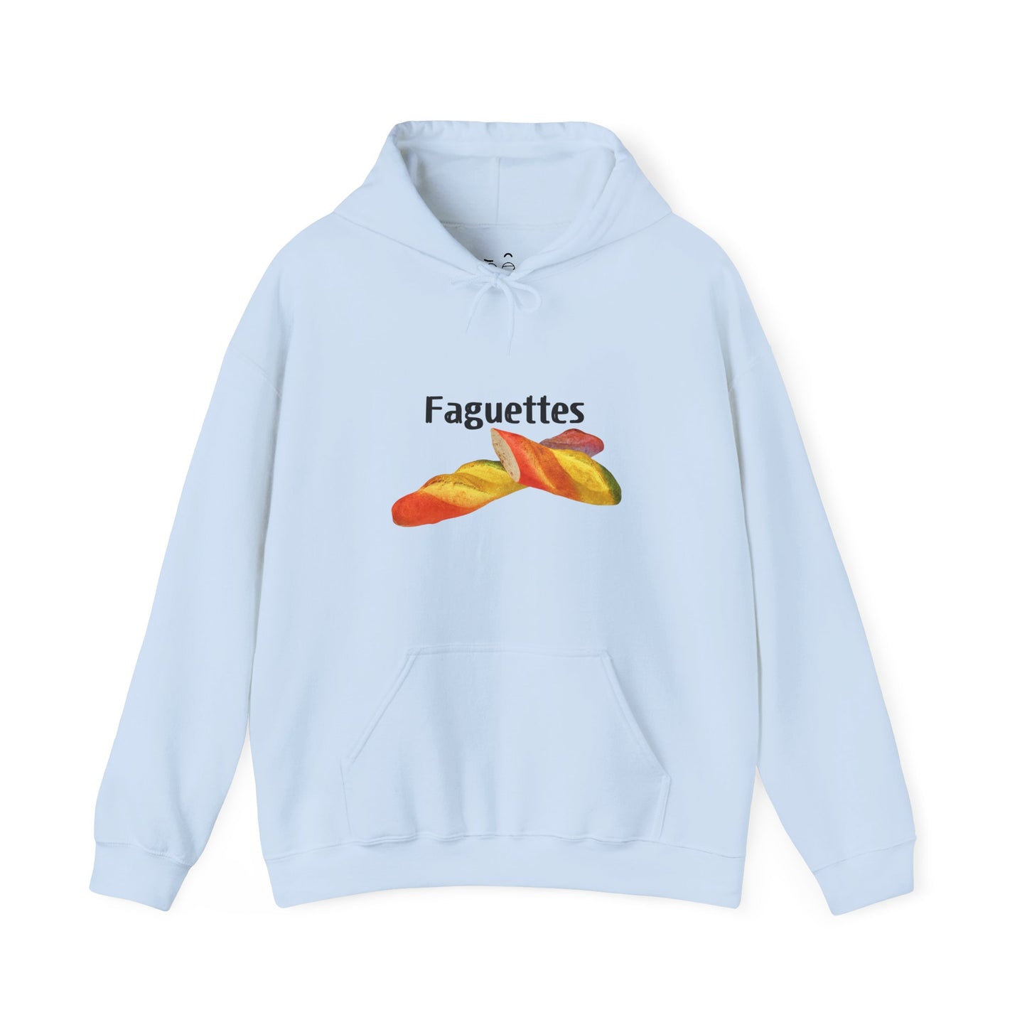 Blue hoodie featuring a colorful rainbow baguette parody graphic with the word “Faguettes” in bold lettering.
