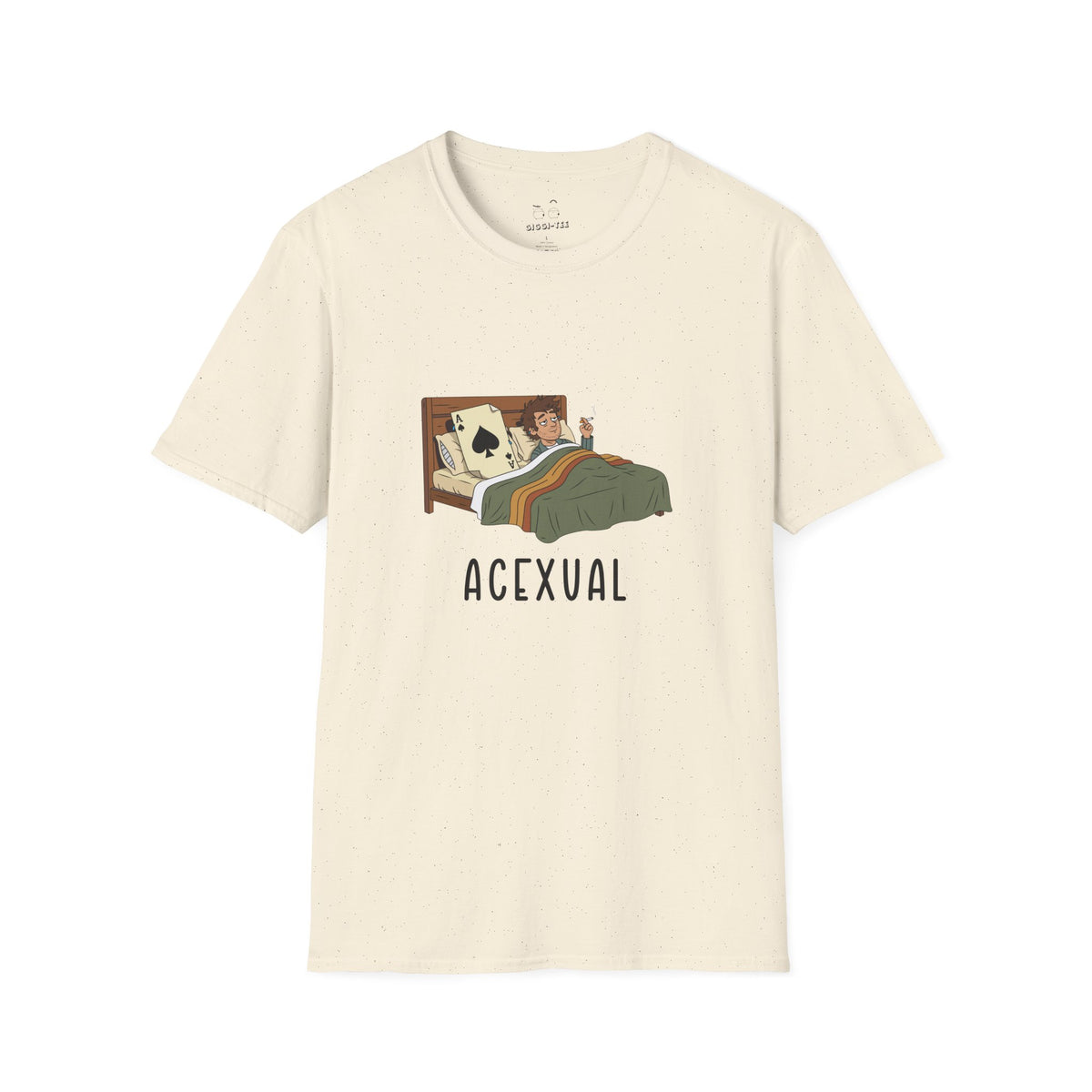 Funny Acexual long sleeve shirt design showing a man lying in bed next to an Ace playing card in a humorous asexual pun illustration.