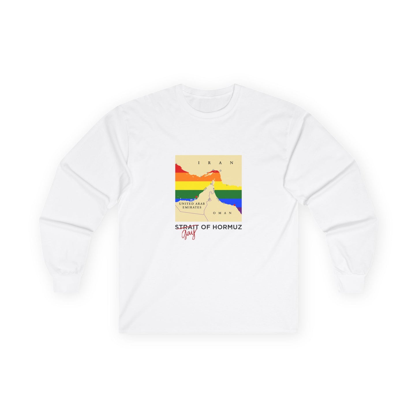 Funny long sleeve shirt with minimalist vector map of the Strait of Hormuz, Gay of Hormuz with a rainbow Pride flag filling the water between landmasses.