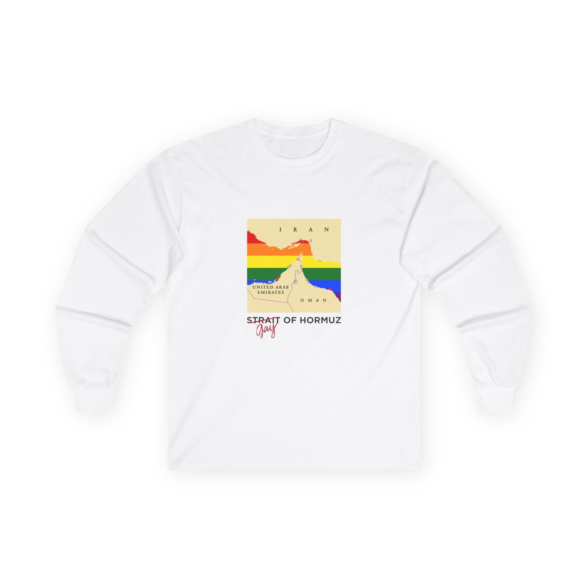 Funny long sleeve shirt with minimalist vector map of the Strait of Hormuz, Gay of Hormuz with a rainbow Pride flag filling the water between landmasses.