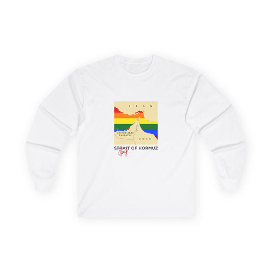 Funny long sleeve shirt with minimalist vector map of the Strait of Hormuz, Gay of Hormuz with a rainbow Pride flag filling the water between landmasses.