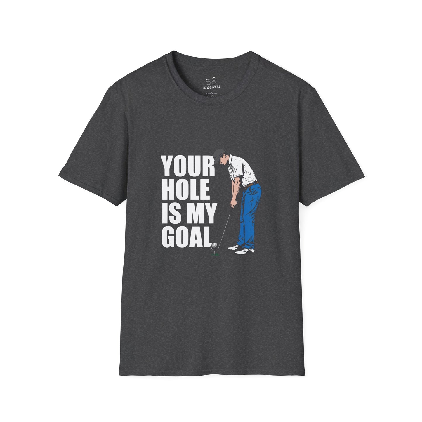 Funny golf design featuring a golfer with a golf club and ball on the pin, with the text “Your Hole Is My Goal.”
