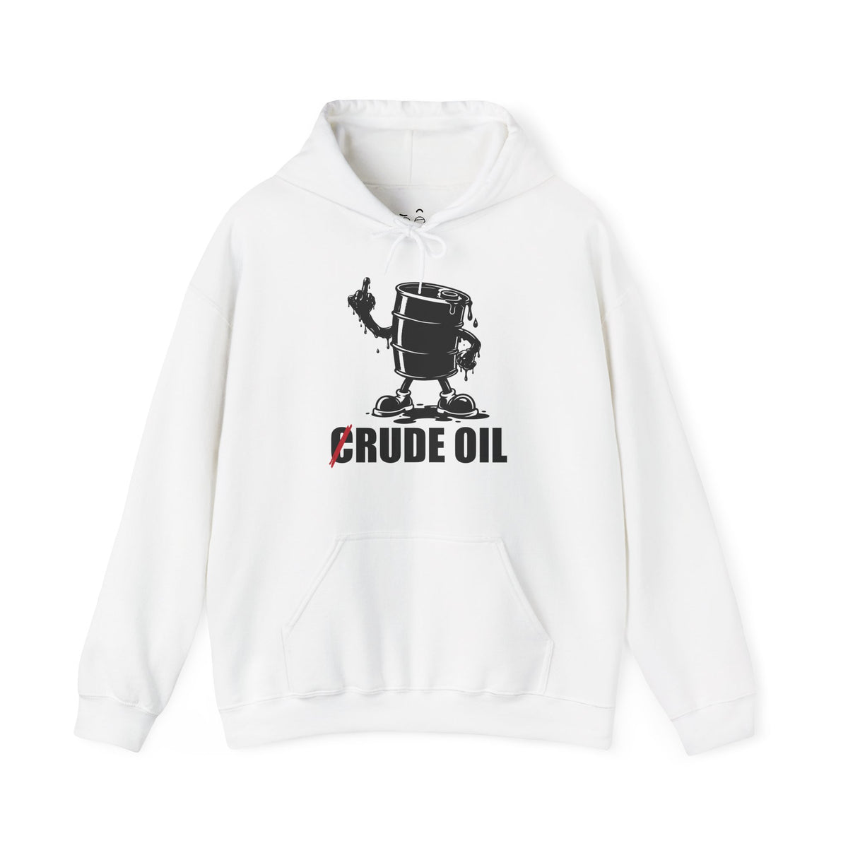 Graphic hoodie featuring a Rude Oil illustration of an oil barrel giving the middle finger with an oil-shaped hand, alongside the crossed-out C in Crude Oil.