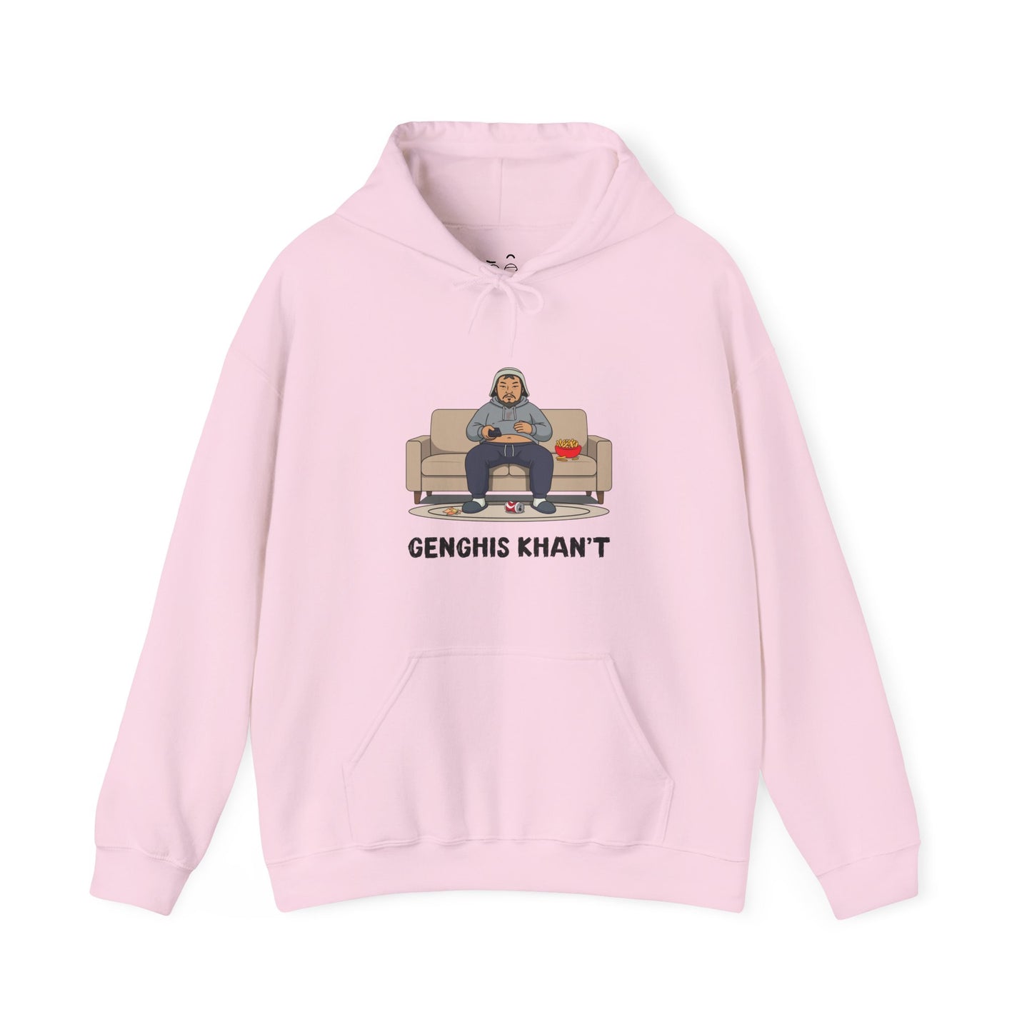 Genghis Khan’t parody hoodie featuring Genghis Khan sitting on a couch in pajamas holding a TV remote
