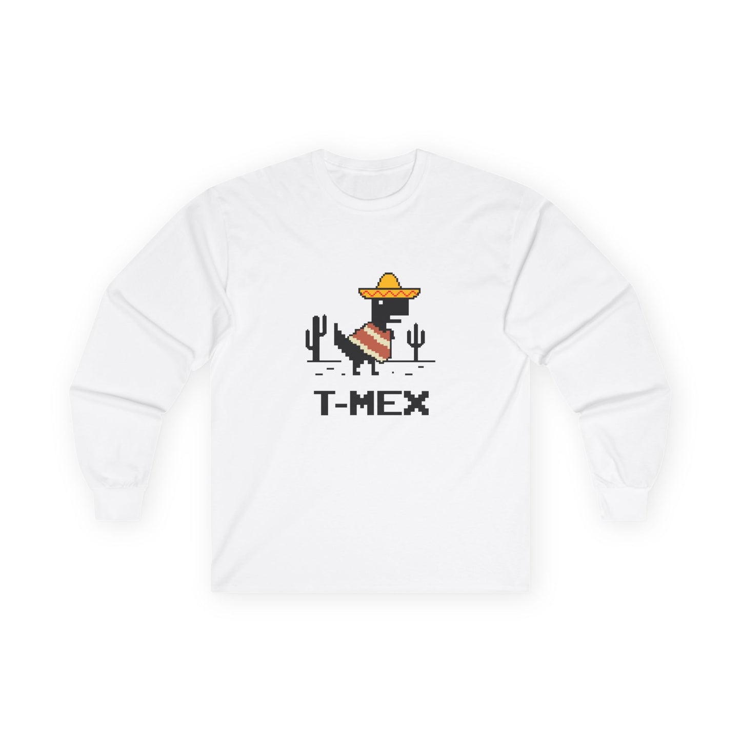 T-Mex Mexican T-Rex wearing sombrero and poncho 8-bit pixel art long sleeve shirt