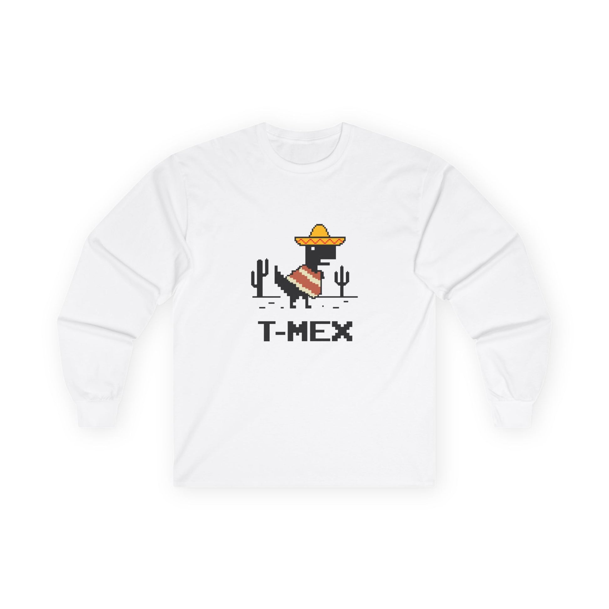 T-Mex Mexican T-Rex wearing sombrero and poncho 8-bit pixel art long sleeve shirt