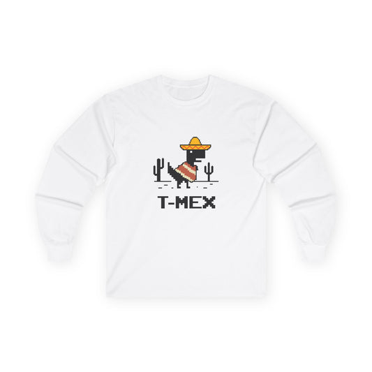 T-Mex Mexican T-Rex wearing sombrero and poncho 8-bit pixel art long sleeve shirt