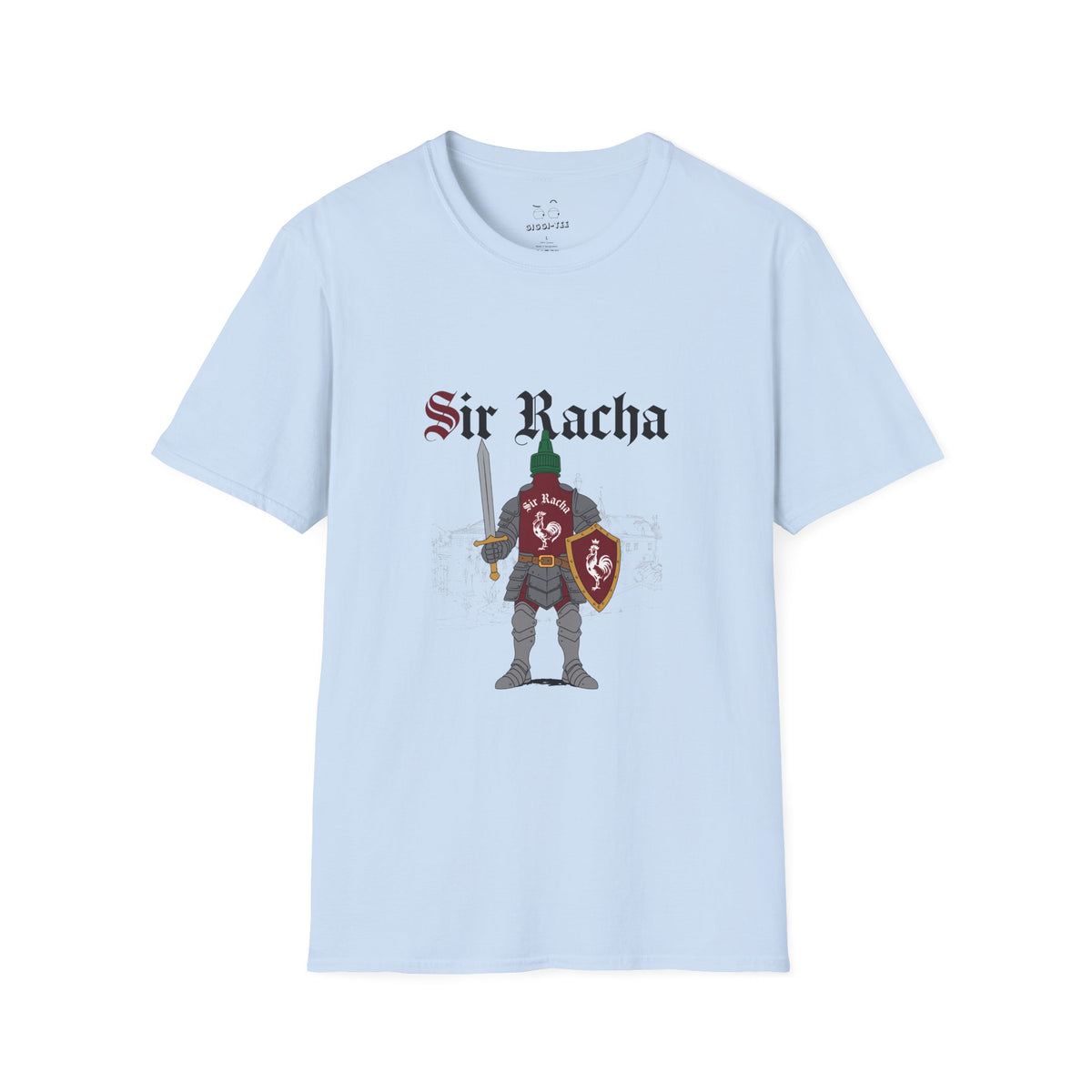 Sir Racha funny sriracha hot sauce bottle in medieval knight armor shirt