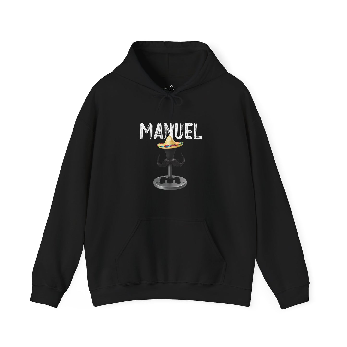 Manuel automotive parody hoodie featuring a manual transmission with sombrero and mustache