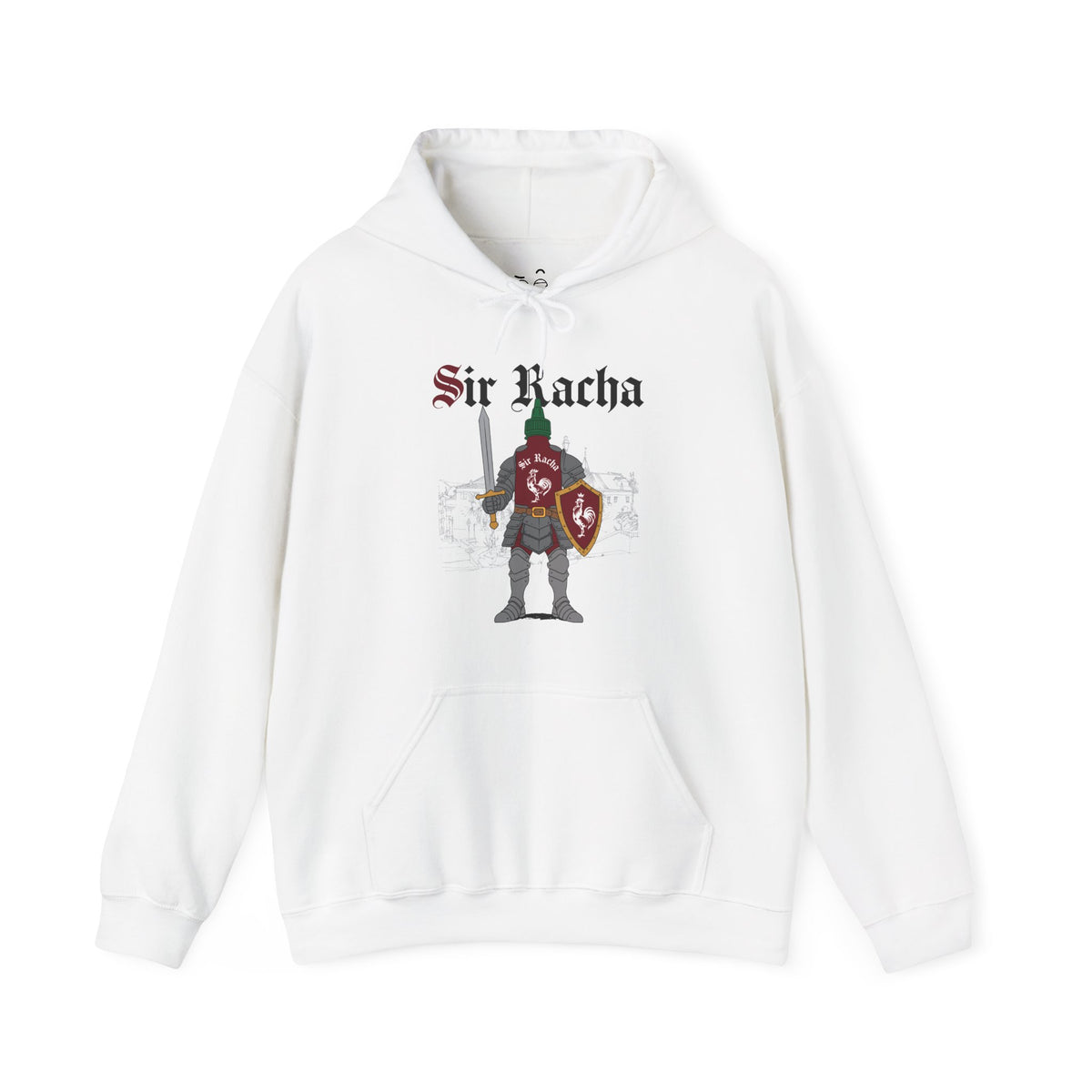 Sir Racha funny sriracha hot sauce bottle in medieval knight armor hoodie