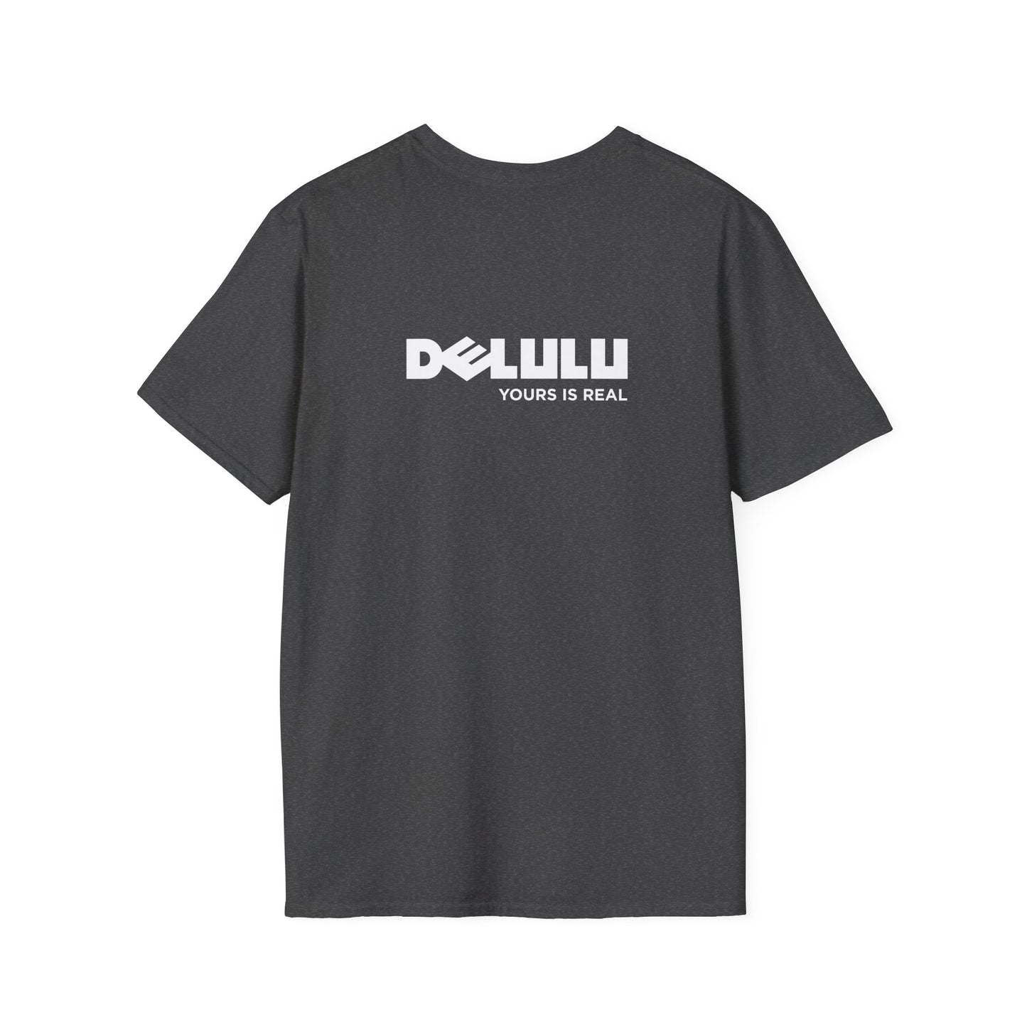 Delulu parody back print t-shirt design with Dell logo transformed into the word ‘Delulu’, nerdy tech humor shirt, laptop and computer fan gift