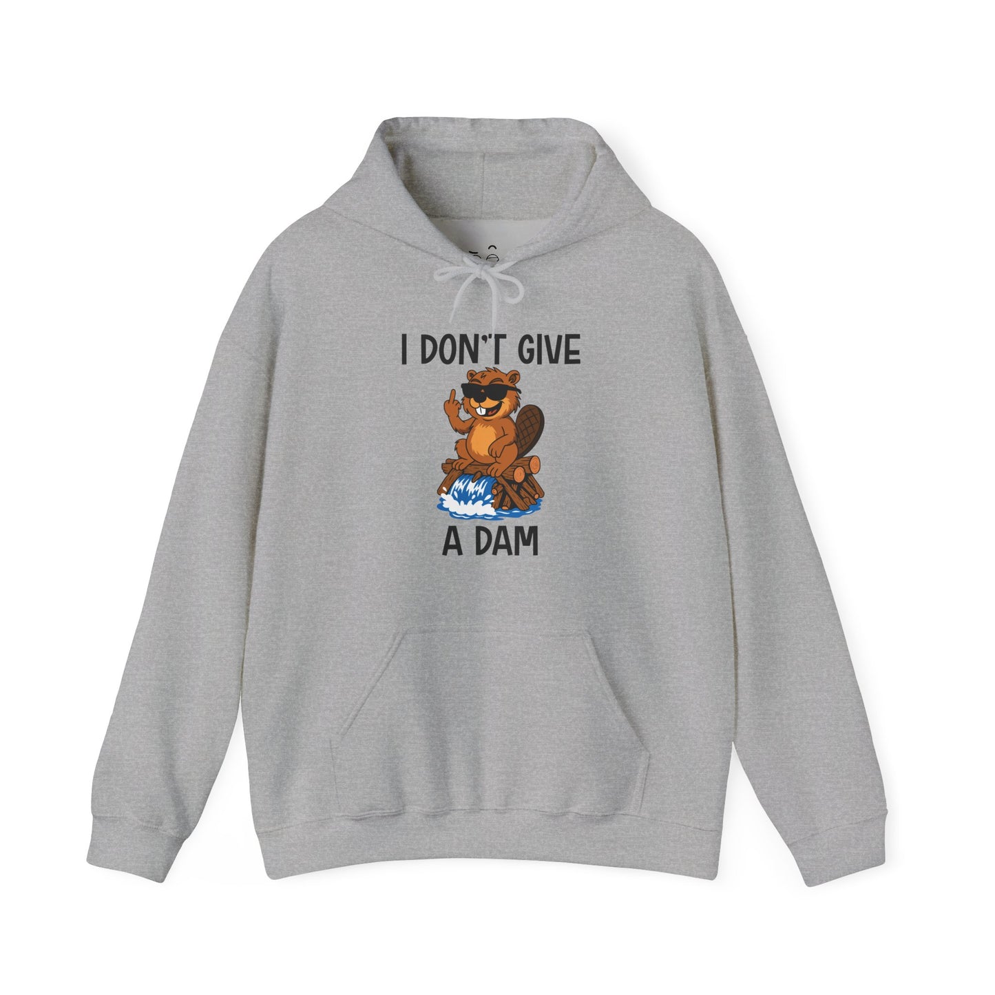 I Don’t Give a Dam hoodie graphic featuring a beaver sitting on a dam and giving the middle finger