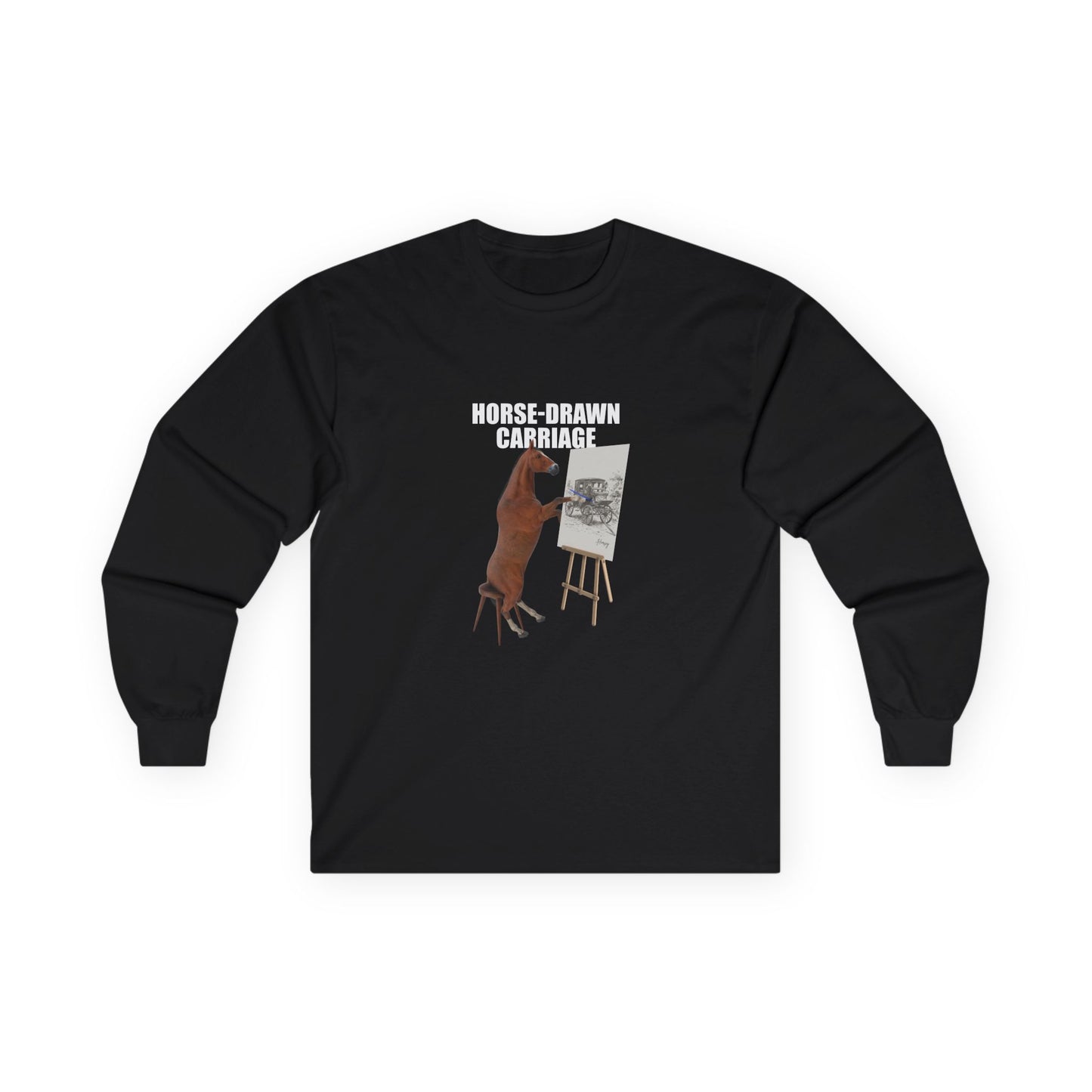Horse sitting on a stool with a pencil, drawing a carriage on a canvas. Funny visual pun shirt on the phrase 'horse-drawn carriage'.