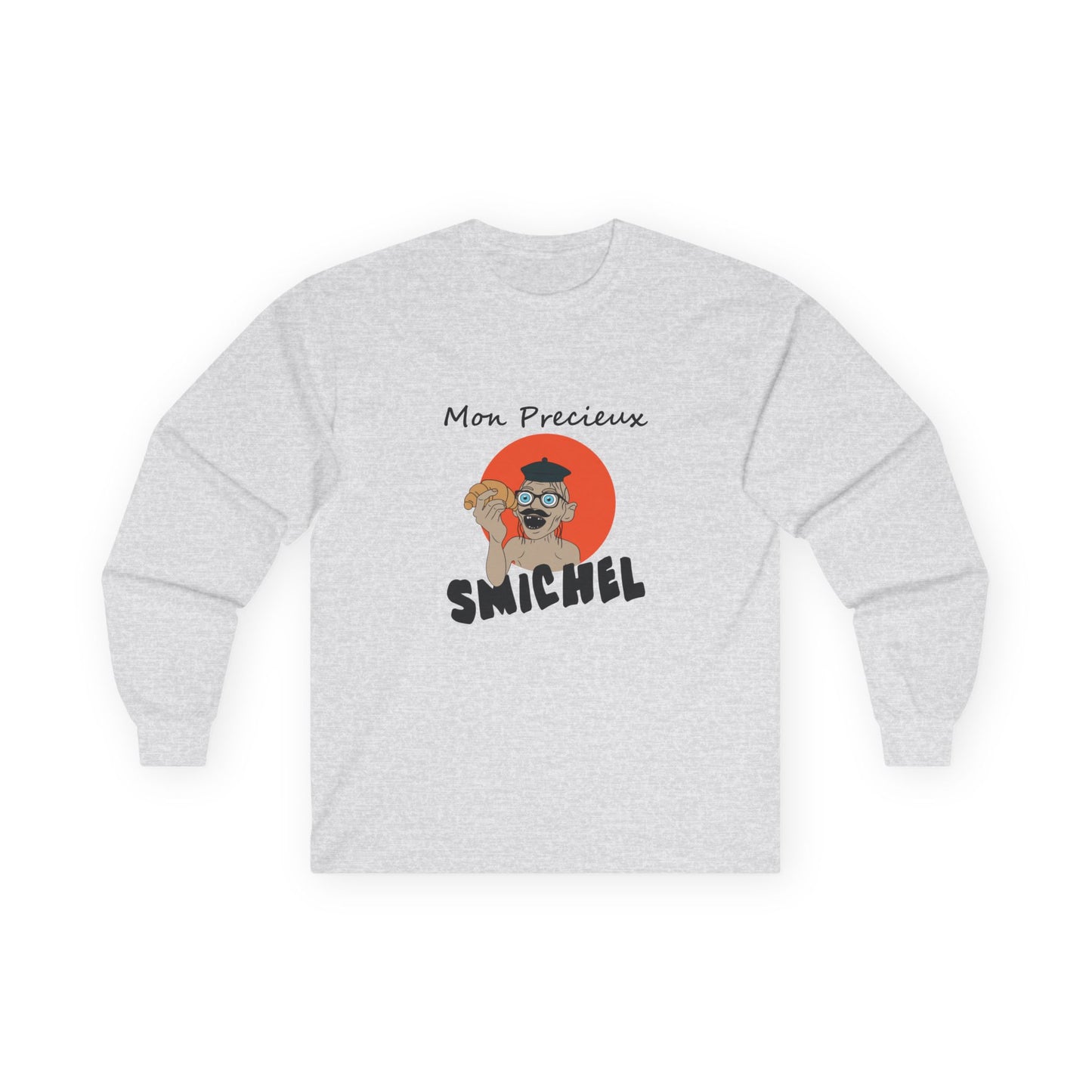 Long sleeve T-shirt showing a French Smeagol in a beret and mustache holding a croissant with the text "Mon Précieux."