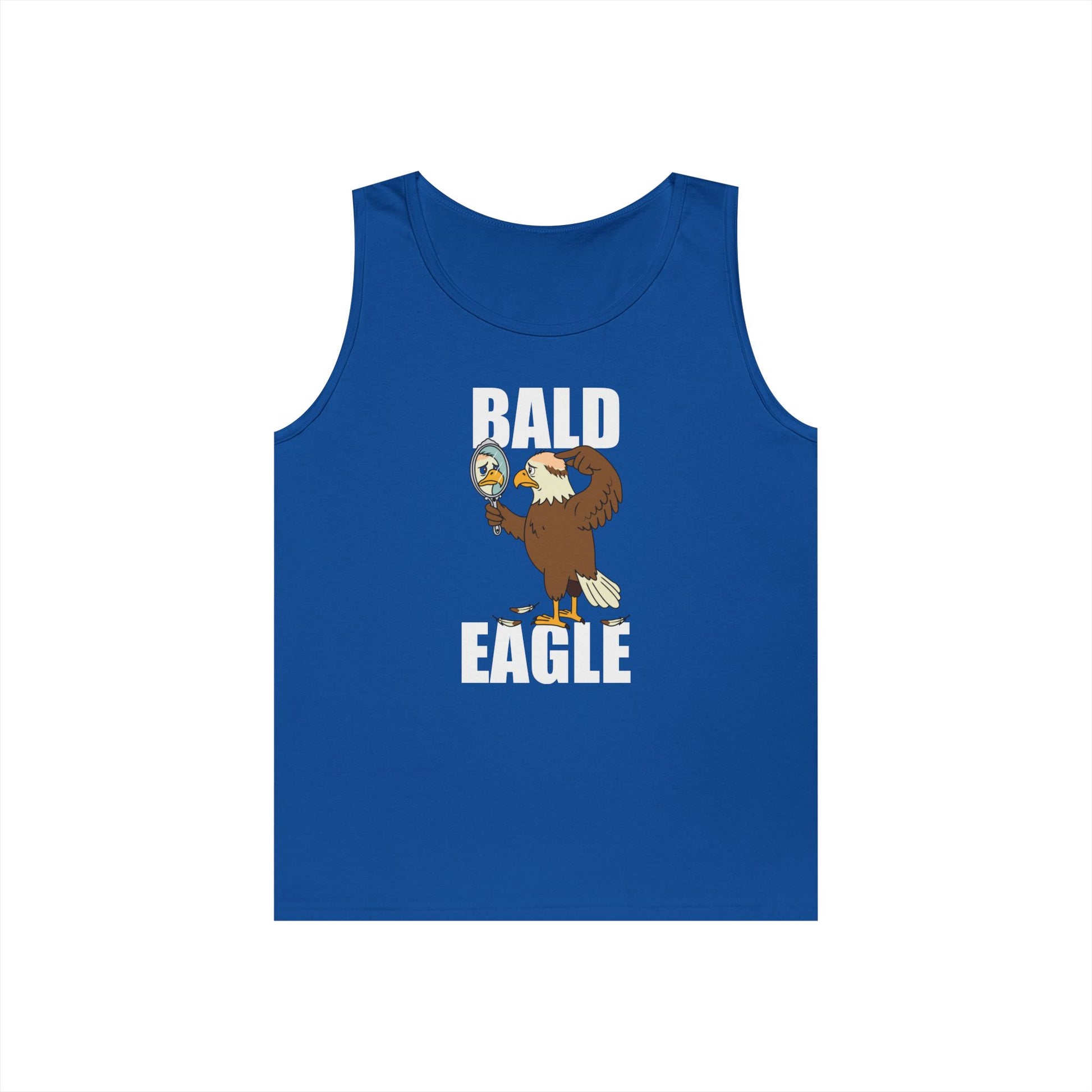 Bald Eagle tank top graphic featuring a sad eagle with a bald spot looking in a mirror.