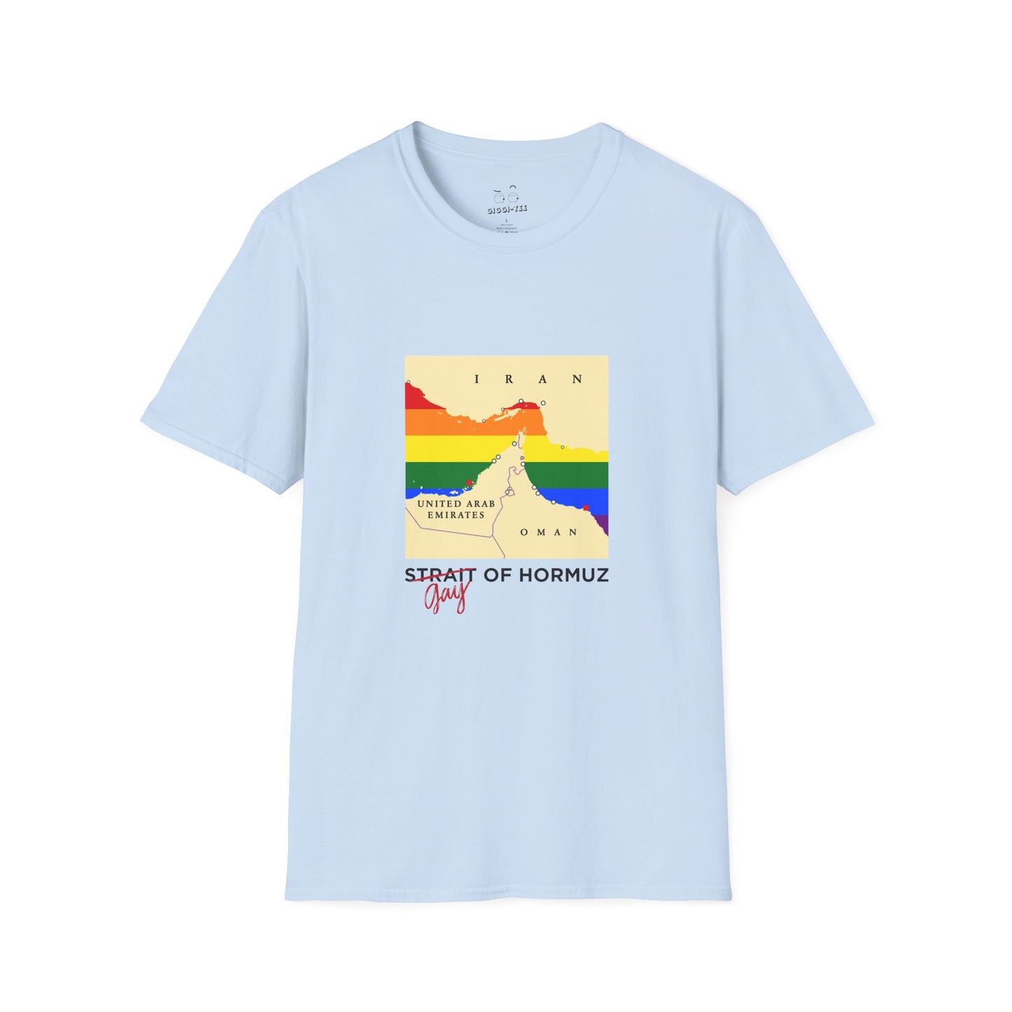 Funny shirt with minimalist vector map of the Strait of Hormuz, Gay of Hormuz with a rainbow Pride flag filling the water between landmasses.