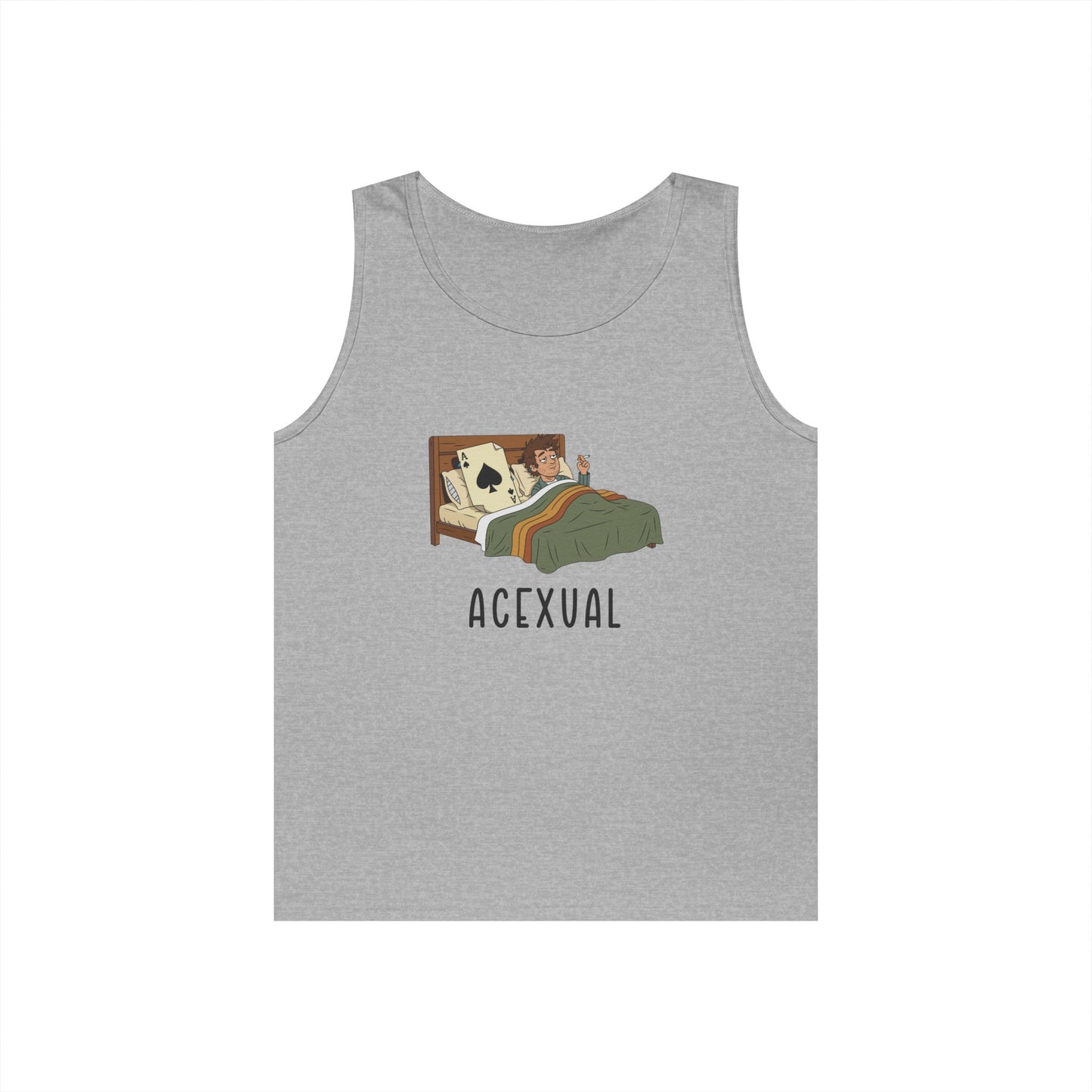 Funny Acexual tank top design showing a man lying in bed next to an Ace playing card in a humorous asexual pun illustration.