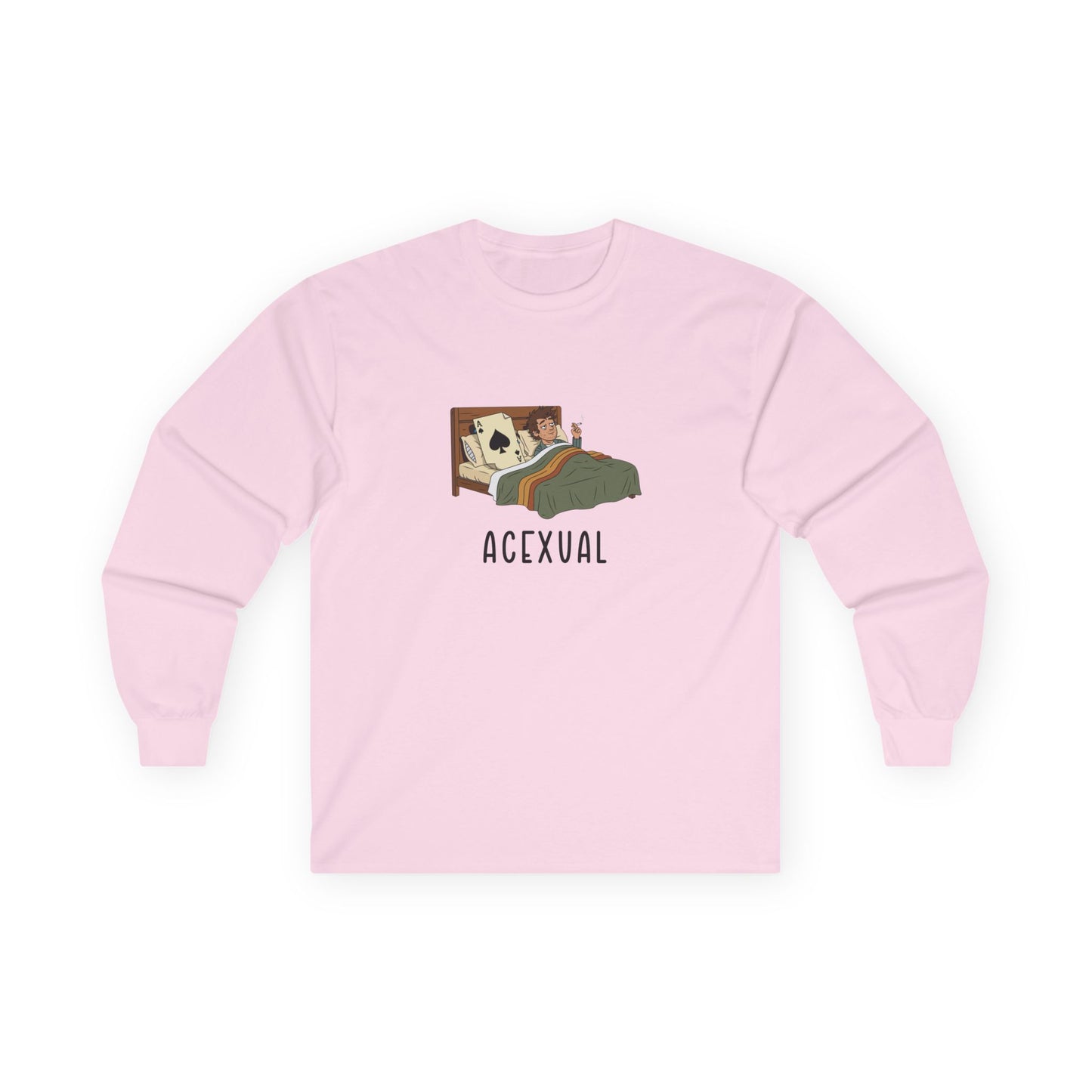 Funny Acexual long sleeve shirt design showing a man lying in bed next to an Ace playing card in a humorous asexual pun illustration.
