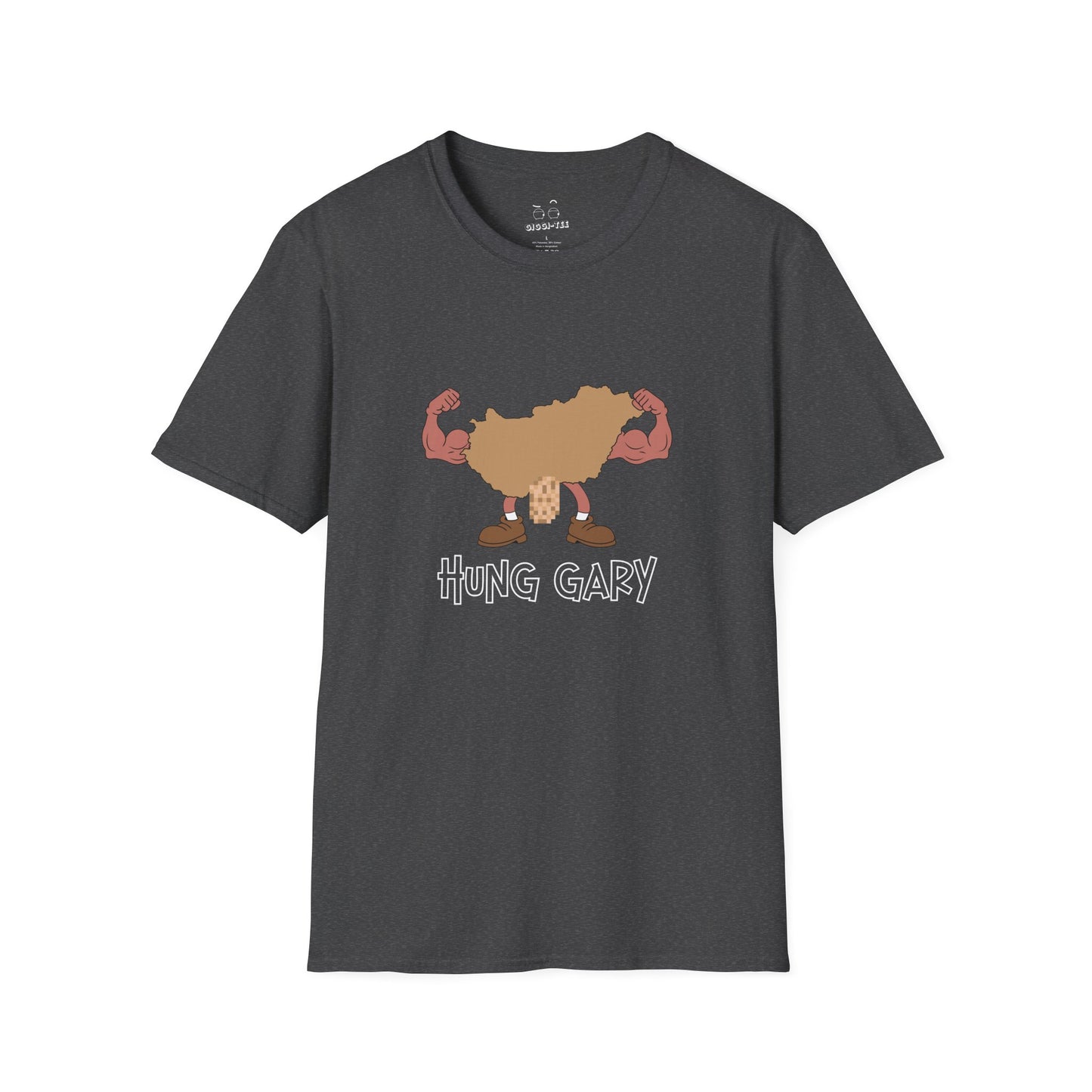 Hung Gary pun shirt: Hungary map illustration flexing muscles with an adult-themed pixelated graphic. Funny geography.
