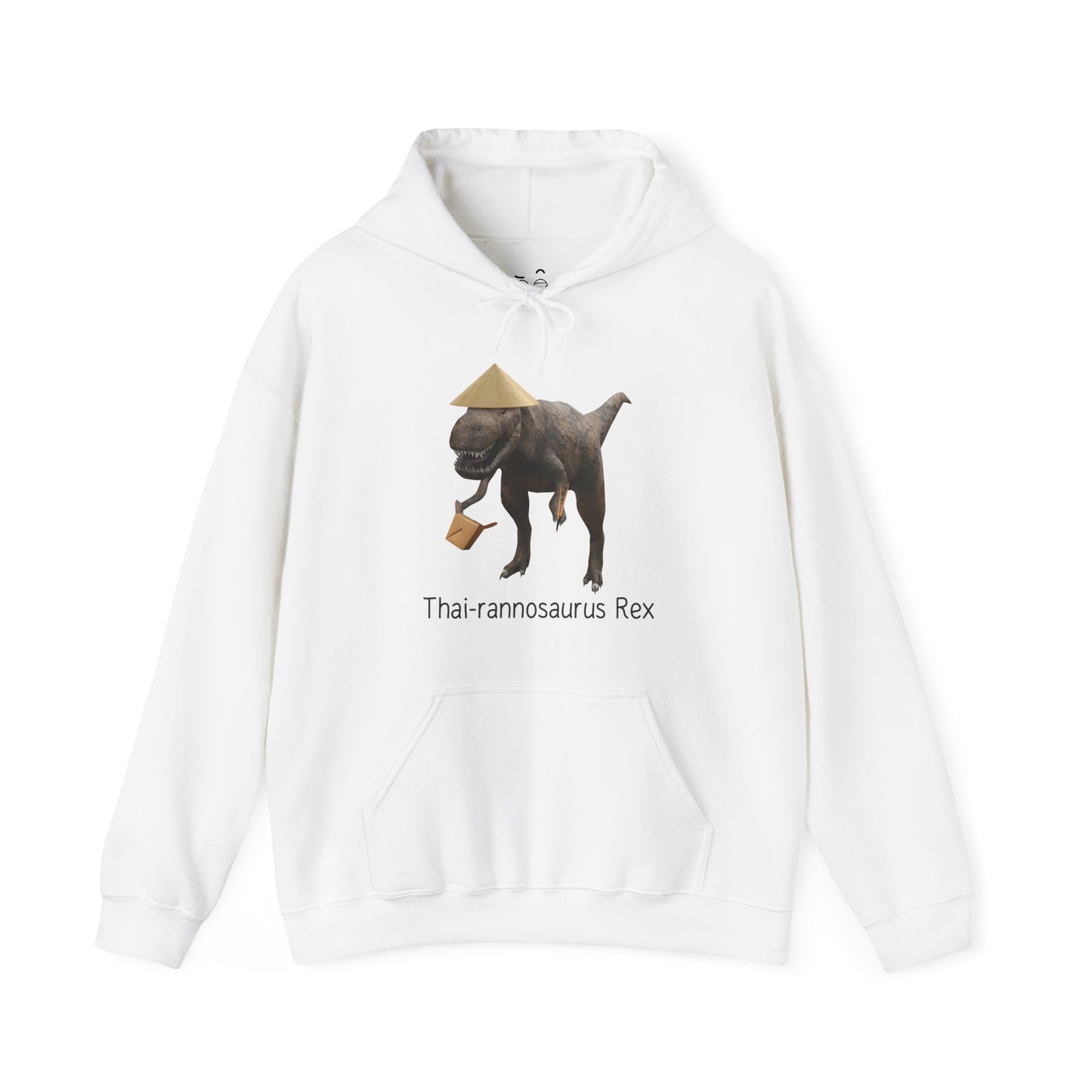 Thai-rannosaurus Rex hoodie featuring a T-Rex with chopsticks and takeout box