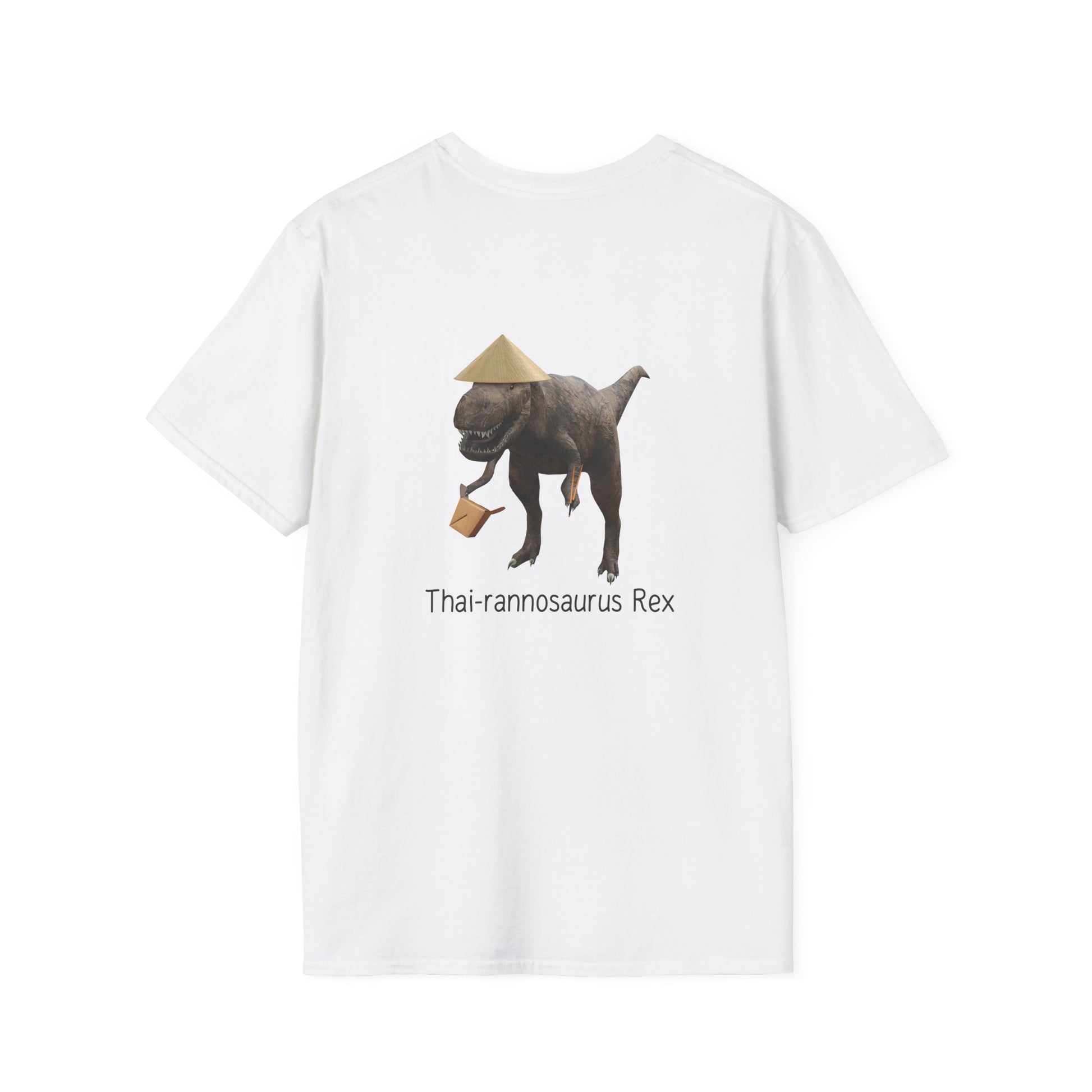 back print shirt with a T-Rex dinosaur wearing a traditional conical Thai rice hat, holding wooden chopsticks and a white Thai food takeout box.