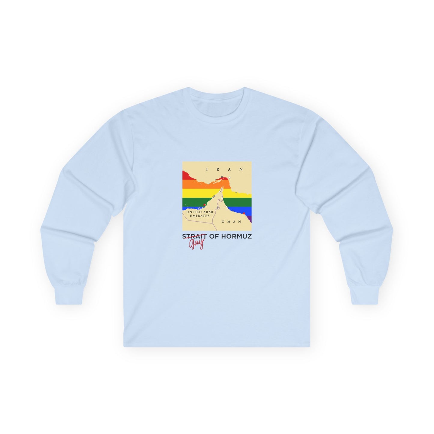 Funny long sleeve shirt with minimalist vector map of the Strait of Hormuz, Gay of Hormuz with a rainbow Pride flag filling the water between landmasses.